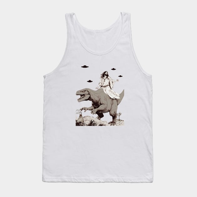 Jesus Riding Dinosaur UFO Funny Tank Top by Mimimoo